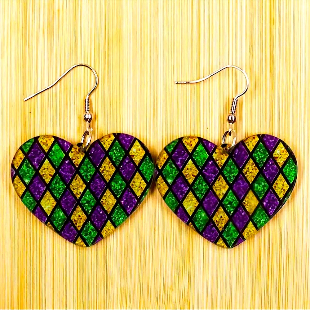 Mardi Gras Stained Glass Heart Earrings - Picture 2 of 4